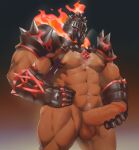  1boy abs absurdres armor bara bare_pectorals bottomless bozi_(17030417) chest_hair chest_harness erection fire gauntlets glowing glowing_eyes harness helmet highres large_pectorals large_penis male_focus male_masturbation male_pubic_hair masturbation muscular muscular_male navel navel_hair nipples nude pauldrons pectorals penis pubic_hair red_eyes shoulder_armor solo stomach surtr_(tokyo_houkago_summoners) thick_thighs thighs tokyo_houkago_summoners uncensored 