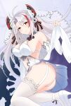  1girl ass azur_lane breasts bridal_gauntlets clothes_lift dress dress_lift eyebrows_visible_through_hair flower hair_flower hair_ornament hair_ribbon high_heels highres lace-trimmed_legwear lace_trim multicolored_hair official_alternate_costume orange_eyes prinz_eugen_(azur_lane) prinz_eugen_(symphonic_fate)_(azur_lane) red_hair ribbon shoes sideboob silver_hair smallqin smile solo streaked_hair thighhighs two-tone_hair wedding_dress white_dress white_footwear white_legwear 