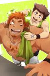  2boys abs animal_ears bandaid bandaid_on_nose bara blush brown_eyes brown_hair commission cow_boy cow_ears cow_horns dark-skinned_male dark_skin exercise facial_hair feather_necklace fiery_horns foreshortening forked_eyebrows glowing_horns goatee green_tank_top highres horns kontahsm male_focus master_1_(tokyo_houkago_summoners) multiple_boys muscular muscular_male one_eye_closed pectorals push-ups shirtless short_hair shorts size_difference skeb_commission smile spiked_hair stomach sweat tank_top thick_eyebrows tokyo_houkago_summoners towel wakan_tanka white_shorts wiping_sweat 