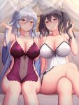  2girls absurdres animal_ears babydoll bangs bare_shoulders black_hair blush breasts cleavage collarbone erune granblue_fantasy heles highres ilsa_(granblue_fantasy) large_breasts long_hair looking_at_viewer melopun multiple_girls red_eyes sidelocks silver_hair smile thighs twintails very_long_hair yellow_eyes 