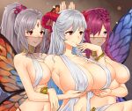  absurdres aphrodite_(shuumatsu_no_valkyrie) aphrodite_(shuumatsu_no_valkyrie)_(cosplay) armlet blue_eyes blush bracelet breast_hold breasts butterfly_wings cleavage cosplay curled_horns facial_mark fairy fairy_wings fire_emblem fire_emblem_heroes forehead_mark freyja_(fire_emblem) goat_horns goddess greek_clothes grey_hair harem_outfit highres horns huge_breasts igni_tion jewelry large_breasts meme midriff mouth_veil navel neck_ring plumeria_(fire_emblem) red_eyes red_hair red_horns relaxed revealing_clothes see-through shuumatsu_no_valkyrie smile thighs thorns tied_hair triandra_(fire_emblem) veil wings 