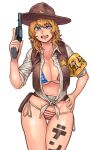  1girl absurdres american_flag_bikini bangs belt bikini bikini_under_clothes blonde_hair blue_eyes breasts brown_headwear brown_vest chanta_(ayatakaoisii) cleavage collared_shirt cowboy_shot eyebrows_visible_through_hair flag_print gun hand_on_hip highres holding holding_gun holding_weapon large_breasts long_hair navel open_mouth original shirt simple_background solo swimsuit tied_shirt vest weapon white_background white_shirt 