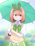  1girl bangs blue_eyes blue_flower blurry blurry_background blush bow breasts closed_mouth collared_shirt commentary day depth_of_field eyebrows_behind_hair flower go-toubun_no_hanayome green_bow green_ribbon green_skirt green_umbrella hair_between_eyes hair_ribbon highres holding holding_umbrella hydrangea kujou_karasuma looking_at_viewer medium_breasts nakano_yotsuba orange_hair outdoors pleated_skirt rain ribbon shirt short_sleeves signature skirt solo sweater_vest symbol_commentary umbrella white_shirt 