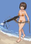  1girl absurdres bangs barefoot beach bikini black_eyes black_hair bullet chanta_(ayatakaoisii) firing gun highres holding holding_gun holding_weapon navel open_mouth orange_bikini original short_hair solo standing swimsuit water weapon wide_shot 