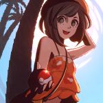  1girl :d arm_behind_head bag bare_shoulders beanie beret black_eyes black_hair floral_print hat hibiscus_print looking_at_viewer midriff moshimoshibe open_mouth orange_tank_top palm_tree poke_ball pokemon pokemon_(game) pokemon_sm selene_(pokemon) shirt short_hair shoulder_bag smile tank_top tree upper_body 