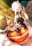  2girls antennae bent_over black_choker black_footwear black_gloves blonde_hair blue_eyes blue_hair blurry blurry_background bondage_fairies boots breasts center_opening choker cleavage commission cup english_commentary fairy fairy_wings fingerless_gloves fingernails full_body gem gloves high_heel_boots high_heels highres jug large_breasts latex latex_boots latex_gloves magion02 milk minigirl multiple_girls navel p&#039;fil pamila partially_submerged pointy_ears revealing_clothes short_hair slingshot_swimsuit strapless suggestive_fluid swimsuit tea teacup thigh_boots thighhighs upper_teeth wings 