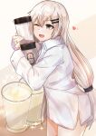  1girl absurdres bangs coffee_cup coffee_maker_(object) cup disposable_cup eyebrows_visible_through_hair feet_out_of_frame girls&#039;_frontline grey_eyes heart heart_print highres holding jewelry long_hair looking_away muteppona_hito one_eye_closed open_mouth ring shirt silver_hair simple_background solo standing svd_(girls&#039;_frontline) white_shirt 