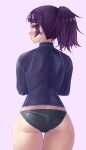  1girl ass back bikini bikini_bottom black_bikini blush earrings idolmaster idolmaster_shiny_colors jewelry looking_at_viewer namidame ponytail purple_eyes purple_hair rash_guard solo swimsuit tanaka_mamimi 