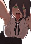  1girl absurdres armpits bare_shoulders black_hair blush breasts chainsaw_man drooling green_eyes hair_between_eyes highres looking_at_viewer reze_(chainsaw_man) saliva short_hair simple_background sleeveless solo sweat toku_(yhpv8752) tongue tongue_out white_background 