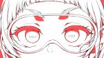  1girl bangs blunt_bangs goggles highres horizontal_pupils indie_virtual_youtuber looking_at_viewer monochrome pochi_(pochi-goya) pochimaru_(vtuber) portrait red_theme solo thick_eyebrows virtual_youtuber 