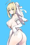  1girl ahoge ass back bangs blonde_hair blue_background blush breasts dress elbow_gloves fate/extra fate/extra_ccc fate_(series) gloves green_eyes hair_between_eyes hair_intakes highres large_breasts long_hair looking_at_viewer looking_back nero_claudius_(bride)_(fate) nero_claudius_(fate)_(all) sideboob solo thighs veil white_dress white_gloves ysmmzr 