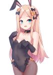  1girl abigail_williams_(fate) animal_ears bangs bare_shoulders black_bow black_gloves black_leotard blonde_hair blue_eyes blush bow breasts bunny_ears bunny_tail covered_navel detached_collar elbow_gloves fake_animal_ears fate/grand_order fate_(series) forehead gloves highleg highleg_leotard highres leotard long_hair looking_at_viewer multiple_bows open_mouth orange_bow pantyhose parted_bangs playboy_bunny polka_dot polka_dot_bow revision shimokirin sidelocks small_breasts strapless strapless_leotard tail thighs 