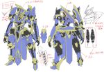  absurdres character_sheet highres ikaruga_(knight&#039;s_&amp;_magic) knight&#039;s_&amp;_magic kurogin looking_down mecha multiple_views no_humans official_art open_hands red_eyes science_fiction v-fin white_background 