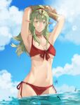  1girl alternate_costume armpits arms_behind_head arms_up bangs bikini blue_sky bracelet breasts choker cleavage cloud collarbone commentary day english_commentary eyebrows_visible_through_hair fire_emblem fire_emblem_awakening fire_emblem_heroes green_eyes green_hair hair_between_eyes hair_ornament hair_ribbon high_ponytail in_water jewelry long_hair looking_at_viewer manakete medium_breasts navel ocean official_alternate_costume outdoors pointy_ears ponytail red_bikini red_ribbon red_swimsuit ribbon sakuremi side-tie_bikini sidelocks signature sky smile solo sunlight swimsuit teeth tiara tiki_(fire_emblem) underboob water wet 