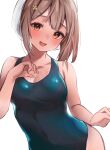 1girl :d azuma_hiryu blush breasts brown_hair cleavage commentary_request covered_navel doodle eyebrows_visible_through_hair hair_ornament hairclip highres long_hair looking_at_viewer open_mouth original red_eyes smile swimsuit white_background 