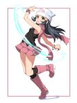  1girl arm_up beanie black_hair black_legwear boots bracelet commentary_request dawn_(pokemon) eyelashes floating_hair floating_scarf framed full_body grey_eyes hat highres holding holding_poke_ball jewelry kneehighs kyuutou_(kyuutouryuu) leg_up open_mouth pink_footwear pink_scarf poke_ball pokemon pokemon_(game) pokemon_dppt scarf sleeveless solo standing standing_on_one_leg tongue white_headwear 