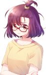  1girl absurdres brown_eyes front_ponytail glasses godzilla_(series) godzilla_singular_point highres kamino_mei_(singular_point) medium_hair nyaa_(nnekoron) ponytail shirt solo t-shirt upper_body wavy_mouth white_background 