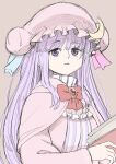  1girl book bow bowtie capelet crescent crescent_hat_ornament dress grey_background hat hat_ornament holding holding_book long_hair parted_lips patchouli_knowledge pillow_hat pink_capelet poronegi purple_dress purple_eyes purple_hair simple_background sketch solo striped striped_dress touhou 