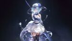  aqua_hair armor breasts cleavage dragonewt_filene elbow_gloves gloves horns pointed_ears purple_eyes shadowverse short_hair spear stockings tail water weapon 