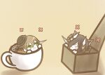  2girls :3 aquila_(azur_lane) august_von_parseval_(azur_lane) azur_lane black_hair black_headwear box chibi cup curled_horns green_eyes hair_between_eyes hair_over_one_eye holding horns in_box in_container in_cup koti mechanical_horns multiple_girls paper_airplane simple_background yellow_background 