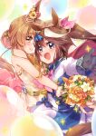  2girls :d animal_ears balloon bare_shoulders black_gloves blue_eyes blush bouquet brown_eyes brown_flower brown_hair brown_rose closed_mouth commentary_request dress ech flower gloves hair_bun hair_ribbon highres holding holding_bouquet horse_ears jacket long_hair long_sleeves mayano_top_gun_(umamusume) multicolored_hair multiple_girls open_mouth outstretched_arm pink_ribbon pleated_skirt ponytail red_flower red_rose ribbon rose skirt sleeves_past_wrists smile sparkle strapless strapless_dress streaked_hair tokai_teio_(umamusume) umamusume white_dress white_flower white_hair white_jacket white_skirt 