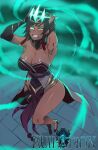  1girl armpits arms_up bare_shoulders black_hair blush breasts brick_floor cleavage clenched_teeth commentary crown dark-skinned_female dark_skin drooling english_commentary floating furrowed_brow green_eyes highres karma_(league_of_legends) large_breasts league_of_legends mind_control open_mouth ratatatat74 short_hair solo sweat teeth textless thighs 
