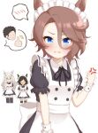  1boy 3girls alternate_costume anger_vein apron biwa_hayahide_(umamusume) black_hair blue_eyes blush brown_hair clenched_hand enmaided fist_shaking glasses highres hokutoro64 maid maid_apron maid_headdress multiple_girls narita_taishin_(umamusume) no_eyes thumbs_up trainer_(umamusume) umamusume white_background white_hair winning_ticket_(umamusume) wrist_cuffs 