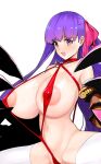  1girl areola_slip areolae bangs bare_shoulders blush breasts claw_(weapon) claws collar covered_nipples fate/extra fate/extra_ccc fate/grand_order fate_(series) hair_ribbon highres huge_breasts long_hair looking_at_viewer navel o-ring open_mouth passionlip_(fate) pink_ribbon purple_hair red_eyes red_swimsuit ribbon slingshot_swimsuit smile solo swimsuit thighhighs very_long_hair weapon white_legwear ysmmzr 