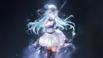  aqua_hair armor breasts cleavage dragonewt_filene elbow_gloves gloves horns long_hair pointed_ears purple_eyes shadowverse spear stockings tail water weapon 