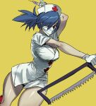  +_+ 1girl blue_hair breasts cleavage commentary covered_mouth english_commentary gloves hair_over_one_eye hand_up hat highres holding holding_syringe holding_weapon jacket large_breasts looking_at_viewer mask mouth_mask nurse nurse_cap one_eye_covered ponytail ratatatat74 reverse_grip saw simple_background skullgirls solo standing surgical_mask syringe valentine_(skullgirls) weapon white_gloves white_headwear white_jacket yellow_background 