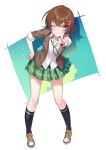  1girl bangs black_legwear blazer brown_hair closed_mouth full_body hair_ornament hairclip highres jacket looking_at_viewer mascot nokachoco114 one_eye_closed pleated_skirt programming_live_broadcast pronama-chan second-party_source shoes short_hair skirt sneakers solo 