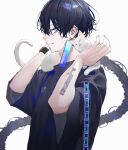  1boy animal_on_shoulder bangs black_hair black_shirt blue_eyes blue_nails braid cat cat_on_shoulder chain closed_mouth commentary_request ear_clip ear_piercing earrings from_side hands_up jewelry long_hair looking_at_viewer male_focus nail_polish original piercing profile sakusya2honda shirt short_sleeves sideways_glance simple_background single_braid single_earring solo t-shirt tattoo upper_body watch white_background wristwatch 
