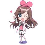  1girl :d blue_eyes blush boots bow brown_hair chibi full_body hair_bow hairband hand_up heart heart_in_eye highres kizuna_ai kizuna_ai_inc. long_hair looking_at_viewer multicolored_hair one_eye_closed open_mouth pink_bow pink_hairband pochi_(pochi-goya) round_teeth school_uniform serafuku shirt short_shorts shorts simple_background smile solo star_(symbol) star_in_eye streaked_hair symbol_in_eye teeth thigh_boots thighhighs upper_teeth waving white_background white_legwear white_shirt white_shorts 