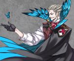  1boy black_gloves blue_eyes bug butterfly cape facial_hair fate/grand_order fate_(series) gloves grey_background grey_hair hair_slicked_back honjou_raita insect james_moriarty_(fate) long_sleeves male_focus mustache photoshop_(medium) solo vest 