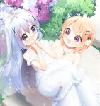  2girls blue_eyes blue_hair blush breasts bride bush carrying chestnut_mouth cleavage cross_hair_ornament day dress flower gochuumon_wa_usagi_desu_ka? hair_flower hair_ornament hairclip highres hoto_cocoa jewelry kafuu_chino kinaginagi long_hair looking_at_another medium_breasts multiple_girls necklace open_mouth orange_hair outdoors princess_carry purple_eyes short_hair smile sparkle tiara wedding_dress wife_and_wife yuri 