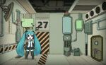  blue_eyes blue_hair chibi detached_sleeves diagonal_stripes didudraws garter_belt hatsune_miku lobotomy_corporation miniskirt music musical_note necktie number pipes room singing skirt standing striped thighhighs twintails vocaloid zettai_ryouiki 