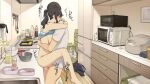  1boy 1girl black_hair bottle bowl brown_hair food frying_pan indoors kitchen microwave original ponytail sex short_hair wakamatsu372 