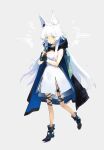  1girl absurdres animal_ears arknights bare_shoulders boots cape cat_ears cat_girl dress fingerless_gloves gloves green_eyes highres holding hood hood_down hooded_cape infection_monitor_(arknights) long_hair microphone olys rosmontis_(arknights) solo thigh_strap white_dress white_hair 