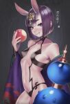  1girl :q bare_shoulders blush bob_cut breasts character_name commentary_request cowboy_shot eyebrows_visible_through_hair eyeliner fate/grand_order fate_(series) fingernails food food_bite fruit gourd headpiece highres holding holding_food holding_fruit horns japanese_clothes jewelry kimono licking_lips looking_at_viewer makeup nanja navel oni oni_horns open_clothes open_kimono peach purple_eyes purple_hair purple_kimono revealing_clothes saliva short_eyebrows short_hair shuten_douji_(fate) skin-covered_horns small_breasts smile solo tongue tongue_out wide_sleeves 