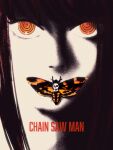  1girl absurdres bug chainsaw_man close-up commentary copyright_name highres insect makima_(chainsaw_man) moth movie_poster mrns_d orange_eyes parody partially_colored red_eyes skull solo the_silence_of_the_lambs 