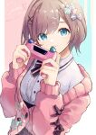  :3 absurdres blue_background blue_eyes bow brown_hair cardigan character_name controller hair_bow hair_ornament hat_pin highres holding holding_controller medium_hair nijisanji no_hat no_headwear ogura_tubuan pink_background pink_cardigan pink_sweater short_hair smile striped striped_bow suzuhara_lulu sweater two-tone_background vertical_stripes virtual_youtuber x_hair_ornament 