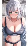  1girl bangs breasts breath cleavage closed_mouth clothes_down collarbone dodon_gadon eyebrows_visible_through_hair green_eyes highres hololive large_breasts looking_at_viewer navel shadow shirogane_noel short_hair silver_hair solo sports_bikini sports_bra sportswear swimsuit virtual_youtuber 