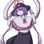  1girl absurdres black_headwear black_skirt bow bowtie capelet collar drill frills hands_on_headwear hat hat_bow hat_ribbon highres kame_(kamepan44231) long_skirt long_sleeves nagae_iku oarfish purple_hair red_ribbon ribbon shawl shirt short_hair simple_background skirt touhou white_background white_collar white_ribbon white_shawl white_shirt 