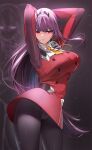  1girl arms_behind_head black_legwear breasts breath cosplay damda darling_in_the_franxx english_commentary fate/grand_order fate_(series) horns large_breasts long_hair me!me!me! panties panties_under_pantyhose pantyhose purple_hair red_eyes red_horns scathach_(fate) scathach_(fate)_(all) solo underwear zero_two_(darling_in_the_franxx) zero_two_(darling_in_the_franxx)_(cosplay) 