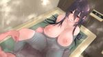  1boy 1girl bangs bathing bathtub black_hair blush breasts brown_eyes censored completely_nude floating_breasts from_above hair_between_eyes hetero highres huge_breasts imminent_sex long_hair mixed_bathing mosaic_censoring natsuishi_nana nipples nude original partially_submerged penis solo_focus spread_legs steam wet 