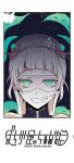  1girl bangs blonde_hair blunt_bangs bright_pupils character_name goggles green_eyes grin head_wings highres horizontal_pupils indie_virtual_youtuber long_hair looking_at_viewer mole mole_under_mouth pochi_(pochi-goya) pochimaru_(vtuber) portrait smile solo white_pupils 