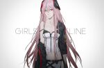  1girl black_jacket breasts cartridge cleavage closed_mouth codex207 collarbone copyright_name dress eyebrows_visible_through_hair feet_out_of_frame girls&#039;_frontline highres jacket jacket_pull long_hair looking_at_viewer m82a1_(girls&#039;_frontline) navel pink_eyes pink_hair small_breasts solo standing white_background 