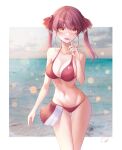  1girl blurry blush bokeh border breasts cleavage depth_of_field fang finger_to_mouth groin hair_ribbon heterochromia highres hololive houshou_marine large_breasts looking_at_viewer navel no_eyepatch oni0417 outside_border red_eyes red_hair red_ribbon ribbon solo stomach swimsuit thigh_gap twintails virtual_youtuber white_border yellow_eyes 