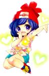  1girl aqua_shorts arm_up bangs beanie blue_hair blush bob_cut bow clenched_hand commentary_request flat_chest floral_print footwear_bow hand_up happy hat heart heart_background light_blush looking_at_viewer marker_(medium) mofuo multicolored_shirt open_mouth outstretched_arm poke_ball_symbol poke_ball_theme pokemon pokemon_(game) pokemon_sm purple_eyes red_footwear red_headwear selene_(pokemon) shiny shiny_hair shirt shoes short_hair short_shorts short_sleeves shorts simple_background smile solo swept_bangs tied_shirt traditional_media white_background yellow_bow 