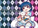  1girl :d alice_(alice_in_wonderland) alice_(alice_in_wonderland)_(cosplay) alice_in_wonderland bangs blue_dress blue_hair blue_headwear club_(shape) commentary_request cosplay dated diamond_(shape) dress eyebrows_visible_through_hair feet_out_of_frame frilled_dress frilled_sailor_collar frills hair_bun hair_ribbon happy_birthday hat head_tilt heart langbazi looking_at_viewer love_live! love_live!_sunshine!! mini_hat object_hug open_mouth pocket_watch puffy_short_sleeves puffy_sleeves purple_eyes ribbon sailor_collar sailor_dress short_sleeves side_bun signature smile solo spade_(shape) striped striped_legwear stuffed_animal stuffed_bunny stuffed_toy thighhighs tsushima_yoshiko upper_teeth watch white_rabbit_(alice_in_wonderland) white_ribbon white_sailor_collar 